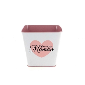 Cache-pot métal coeur "bonne fête maman" 12.5 x 12.5 ht 12cm