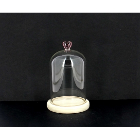 Cloche verre socle bois + coeur rose ø10 ht 15cm