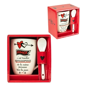 Mug avec cuillère "tomber amoureux" h 10.5cm ø 8cm