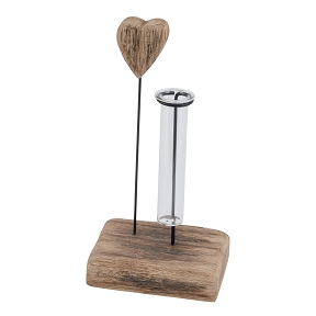Coeur + éprouvette verre sur socle bois 10 x 7.5 ht 20cm