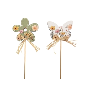 Fleur / papilon bois couleur sur pique (x12)