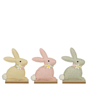 1 x Lapin feutrine sur socle jaune-rose ou vert