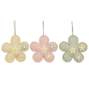 Fleur feutrine à suspendre jaune-rose ou vert 11.5cm