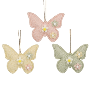 1 x Papillon feutrine à suspendre jaune-rose ou vert 12.5cm