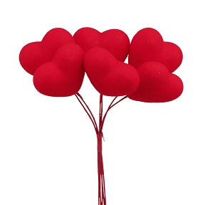 Bouquet 6 coeurs floqués rouges 10 x 4 ht 15cm