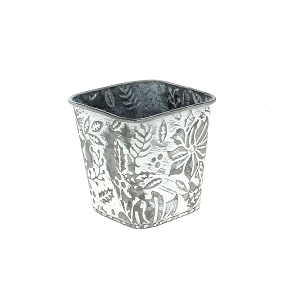 Cache-pot métal blanchi motif fleur 8 x 8 ht 8cm