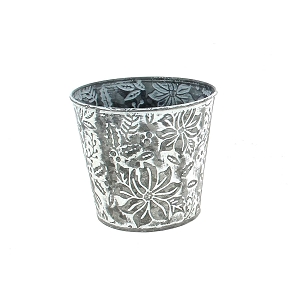Cache-pot métal blanchi motif fleur ø12.5 ht 11.5cm