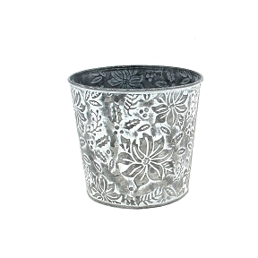 Cache-pot métal blanchi motif fleur ø14.5 ht 13.5cm