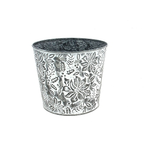 Cache-pot métal blanchi motif fleur ø17 ht 14.5cm