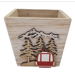Pot carré bois motif sapin + telepherique 9.5 x 9.5 x 8.5cm