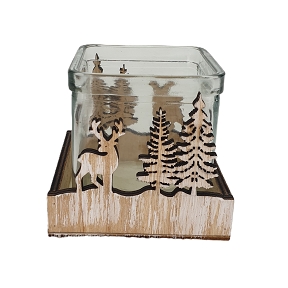 Pot verre sur bois motif renne 9 x 9 x 9cm