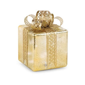 Paquet cadeau en verre lumineux or 18 x 18 ht 27cm