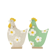 1 x Poule tissus sur socle bois gris-vert 26 x 6 ht 39cm