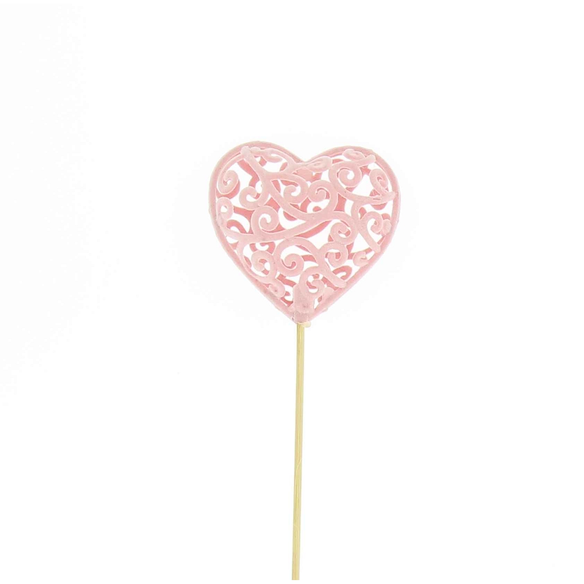 Coeur bois à piquer rose 7.5 cm ht 50 cm (x12)