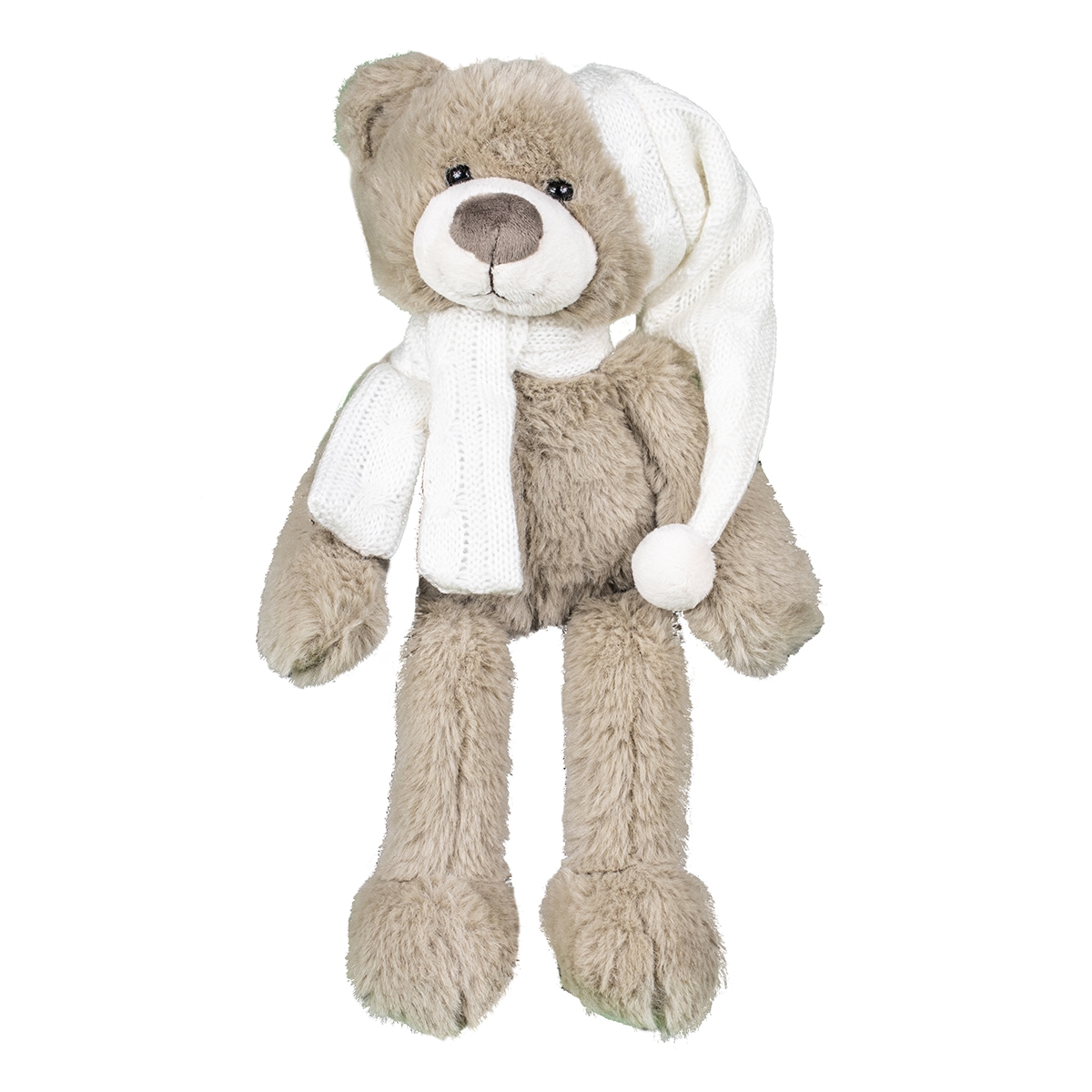 Peluche ours beige bonnet et écharpe blanc 40 cm