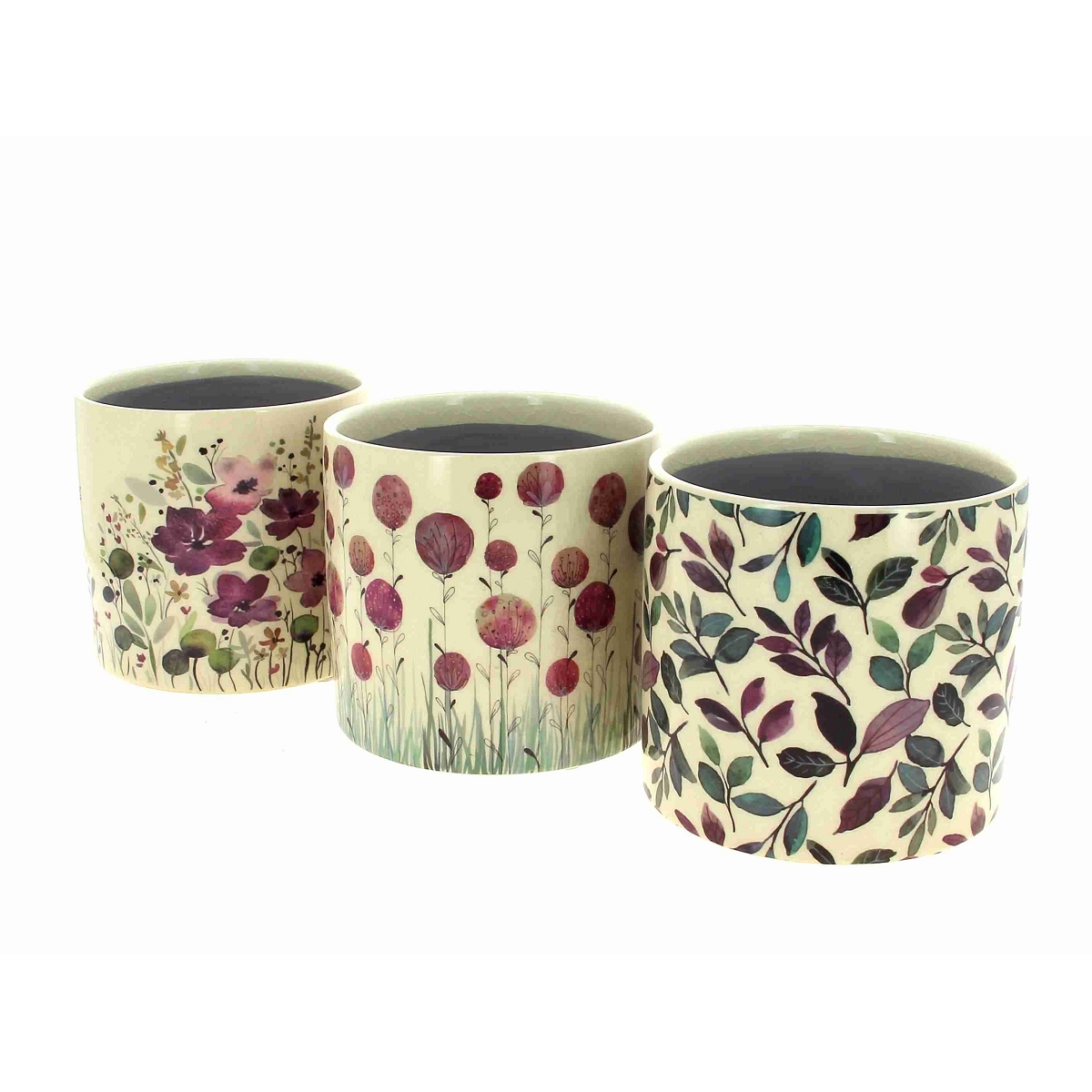 Cache-pot céramique motif fleurs parme ø14 ht 12.5cm