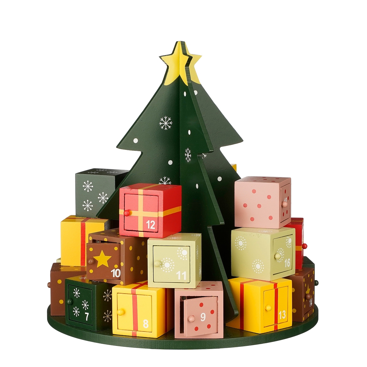 Calendrier avent bois sapin + cadeaux ø27.5 ht 30cm