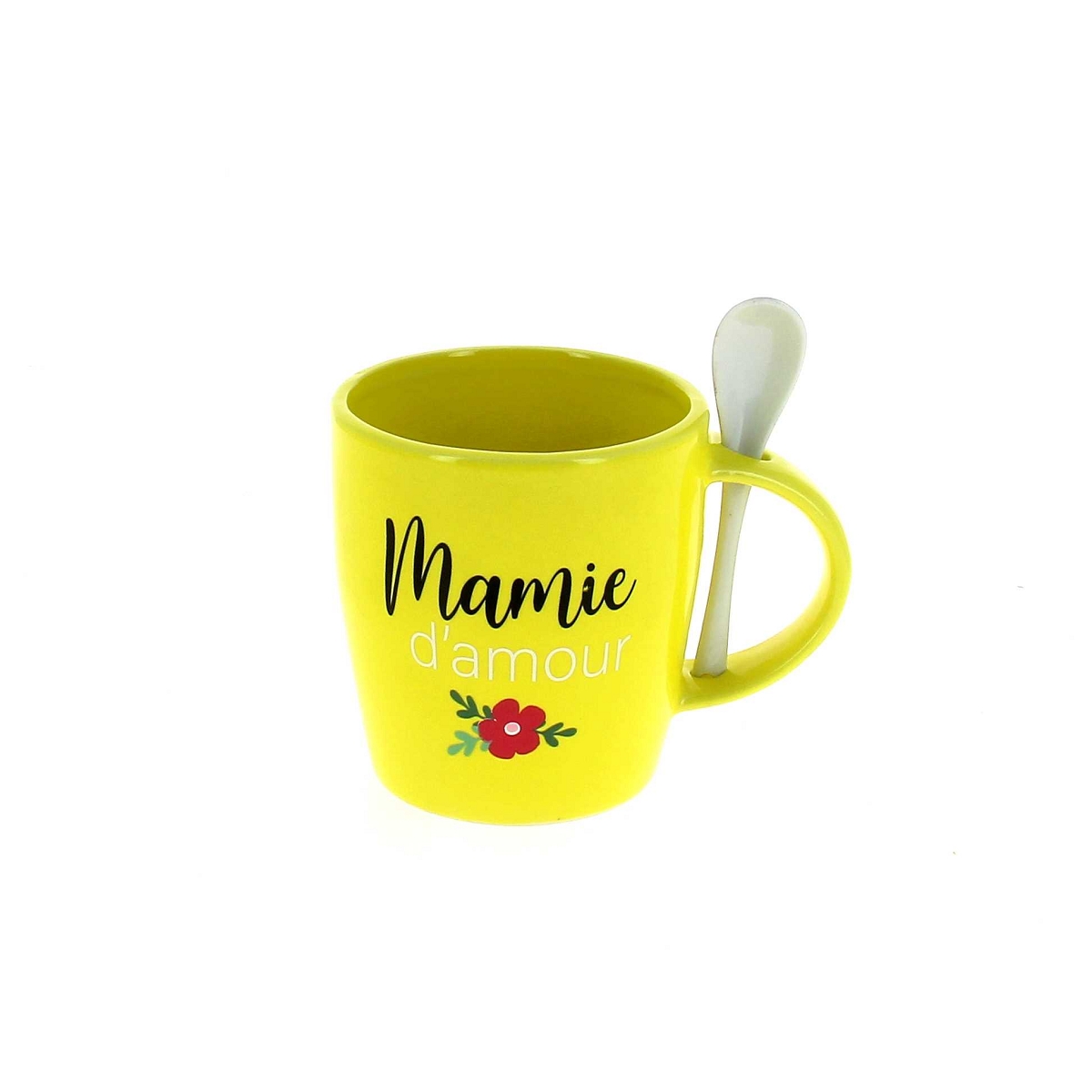 Tasse céramique + cuillère "mamie" jaune ø10 ht 11cm