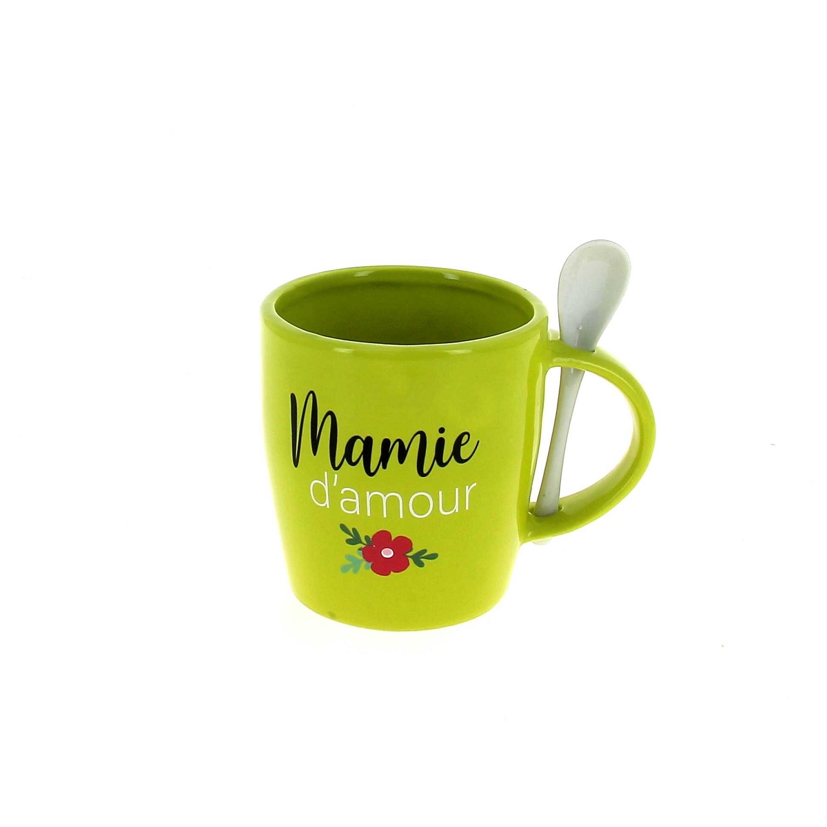 Tasse céramique + cuillère "mamie" vert ø10 ht 11cm