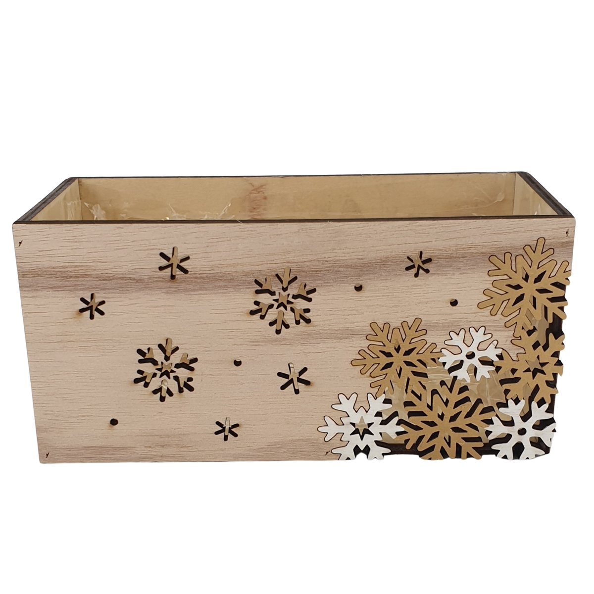Jardiniére bois + flocons 18 x 9 ht 9cm
