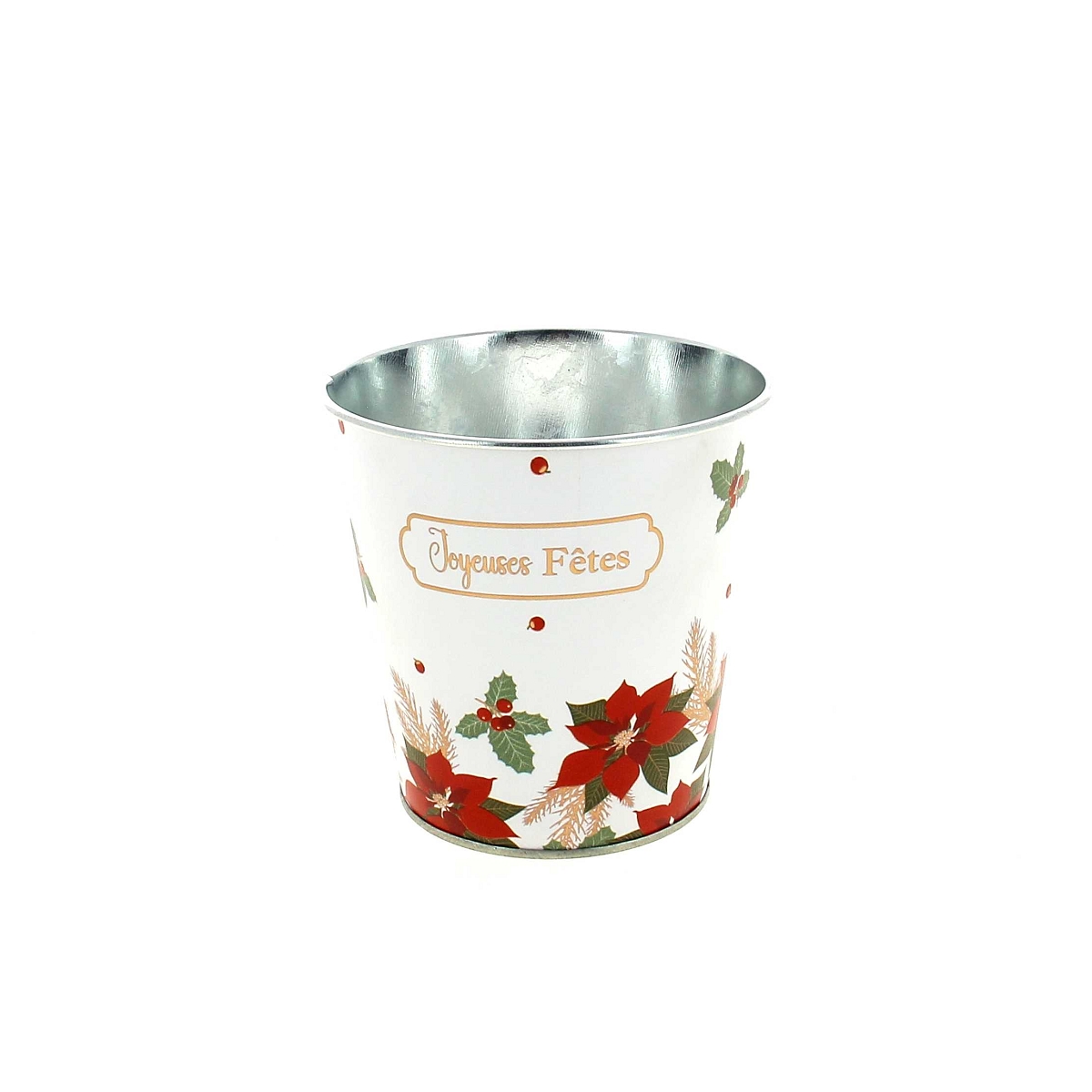 Cache-pot métal "Joyeuses Fêtes" motif poinsettia ø11 ht 11cm
