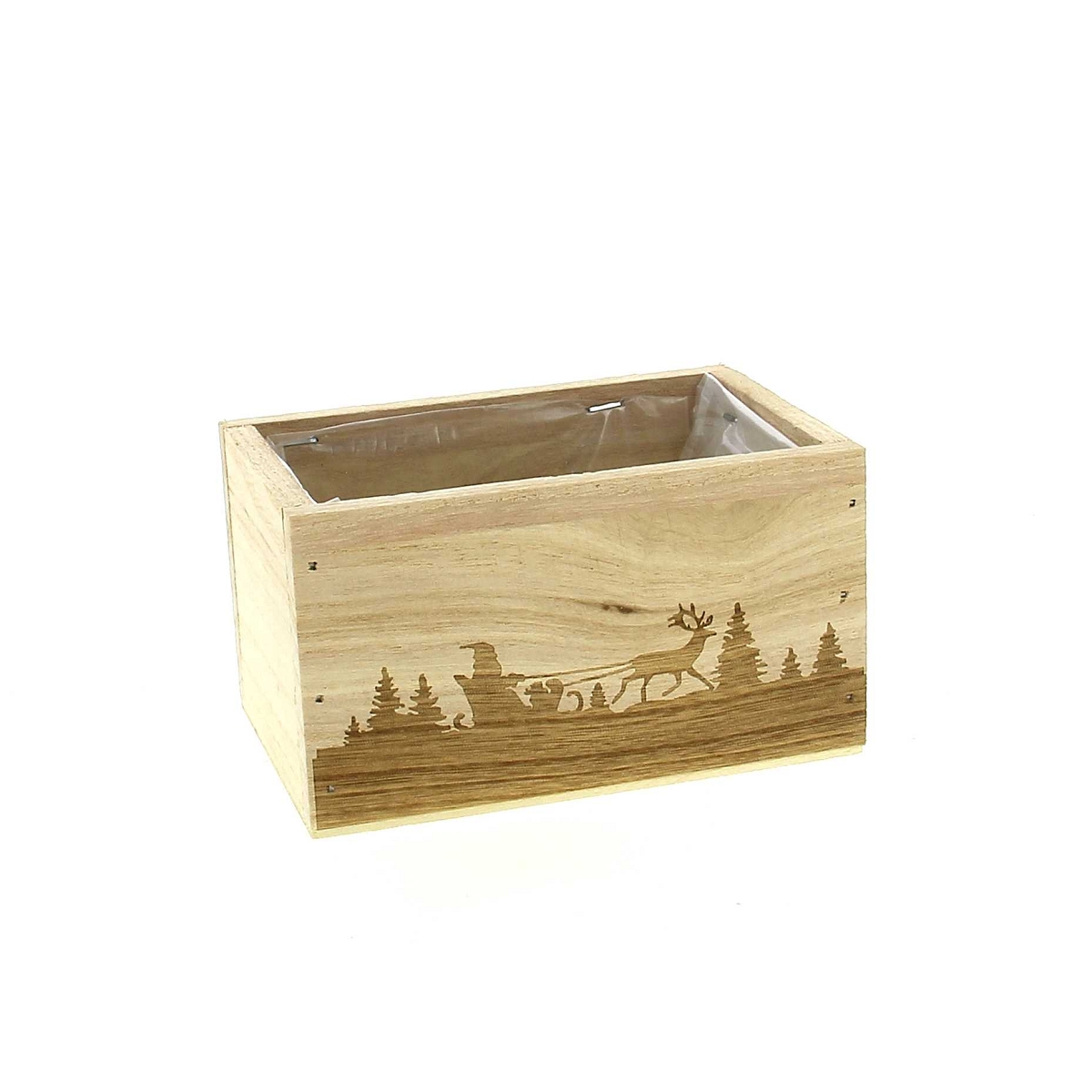 JARDINIERE BOIS NATUREL MOTIF NOEL 14 X 9.5 HT 8CM