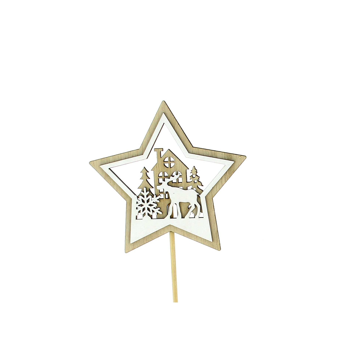 Piques bois étoile + cerf naturel et blanc Ht 30 cm