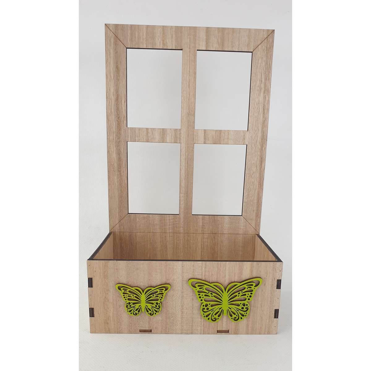 Jardinière rectangle bois fenêtre et papillons vert 19.5x11x3