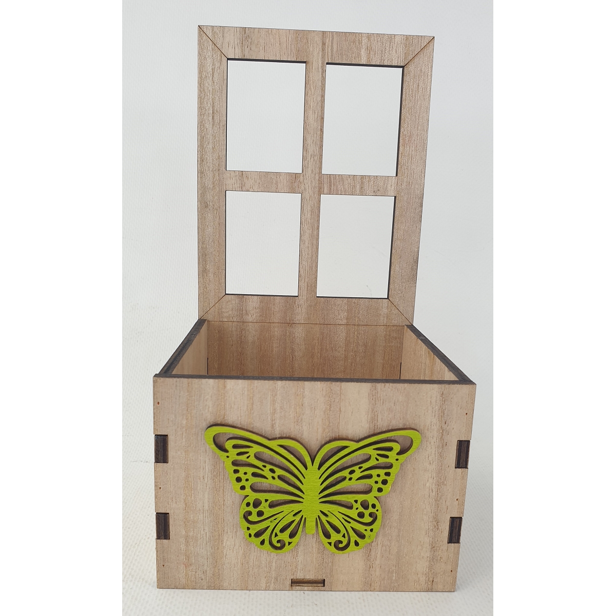 Jardinière carré bois fenêtre et papillon vert 11x11x 22