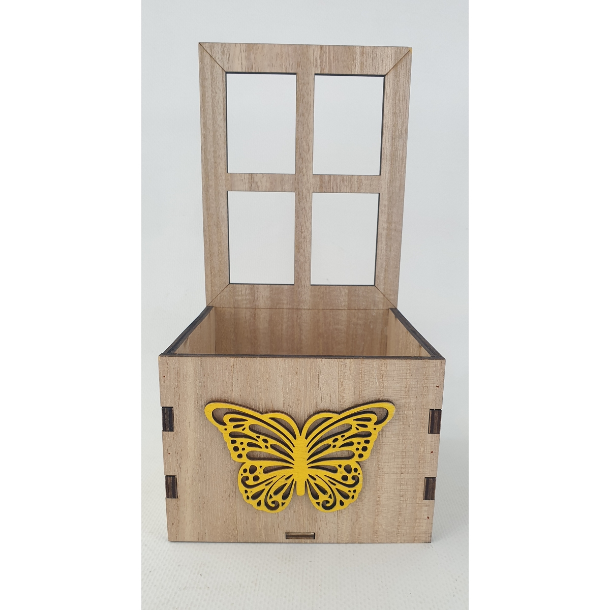 Jardnière carré bois fenêtre et papillon jaune 11x11x 22