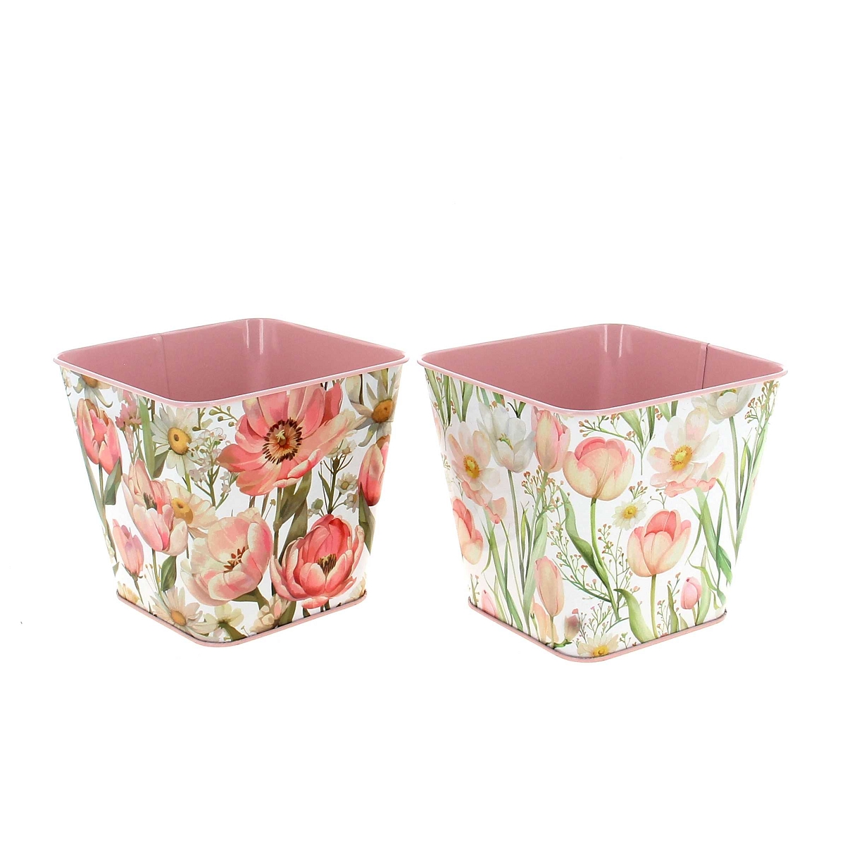 1 x Cache-pot métal motif fleurs rose 12.5 x 12.5 ht 12cm