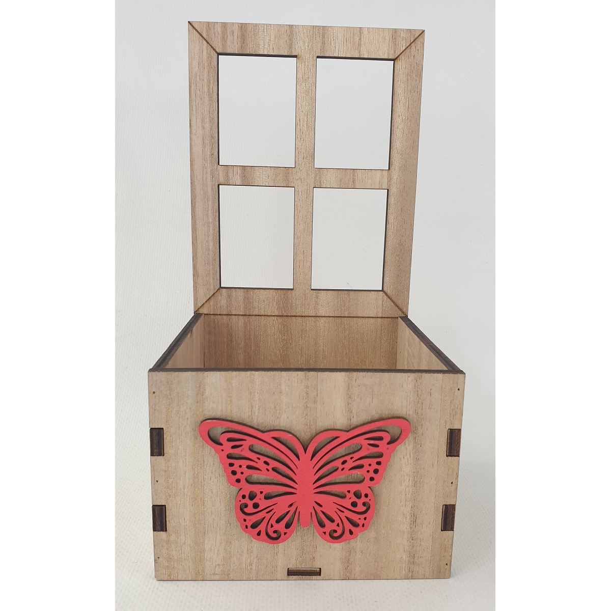 Jardinière carre bois fenêtre et papillon rose 11x11x22