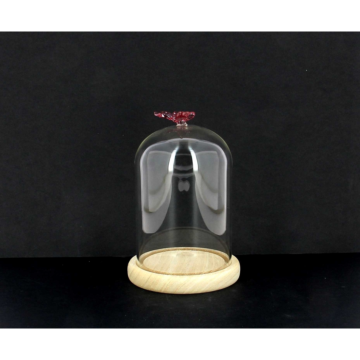 Cloche verre socle bois + papillon rose ø10 ht 10cm