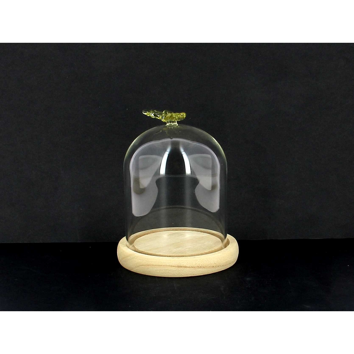 Cloche verre socle bois + papillon jaune ø10 ht 10cm
