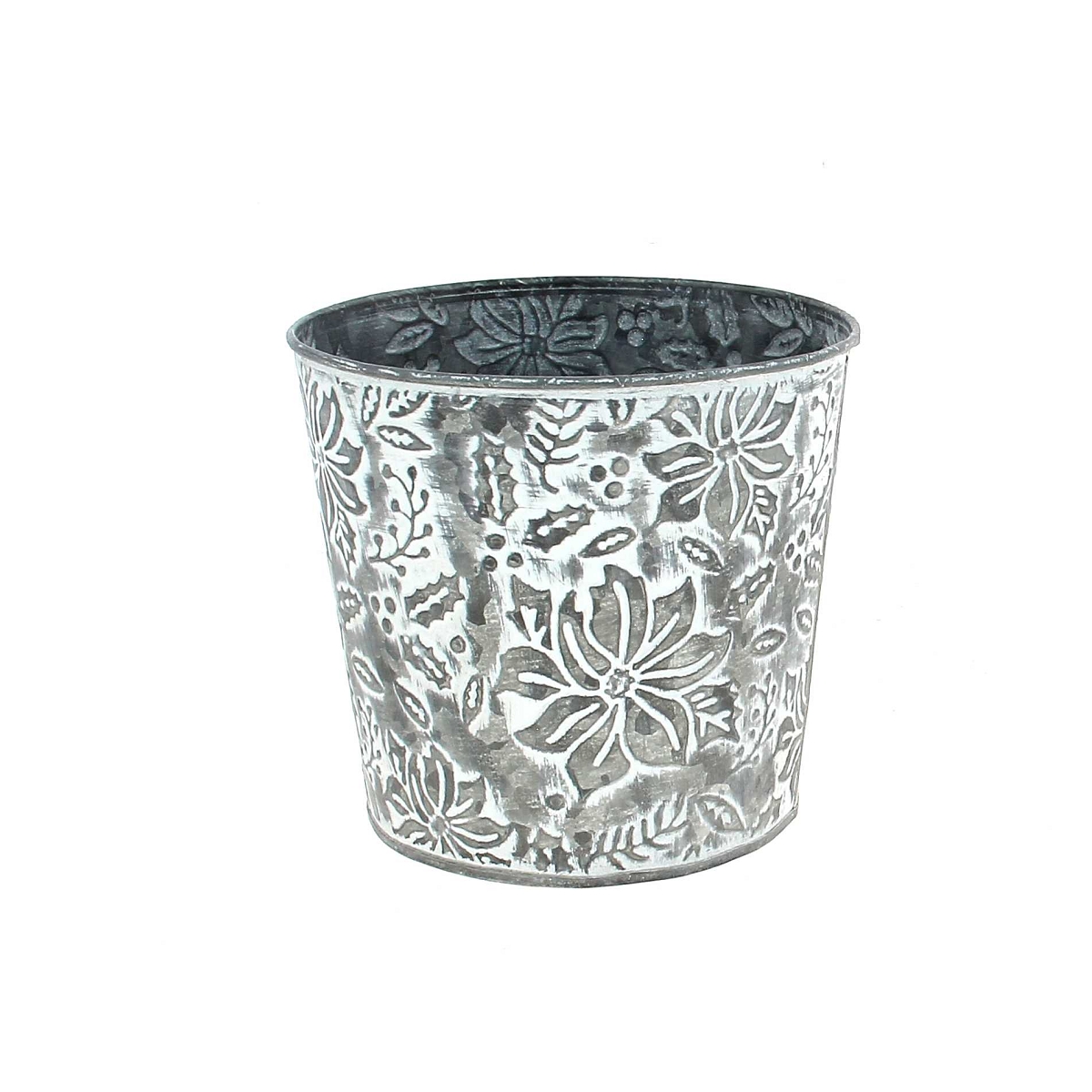 Cache-pot métal blanchi motif fleur ø14.5 ht 13.5cm