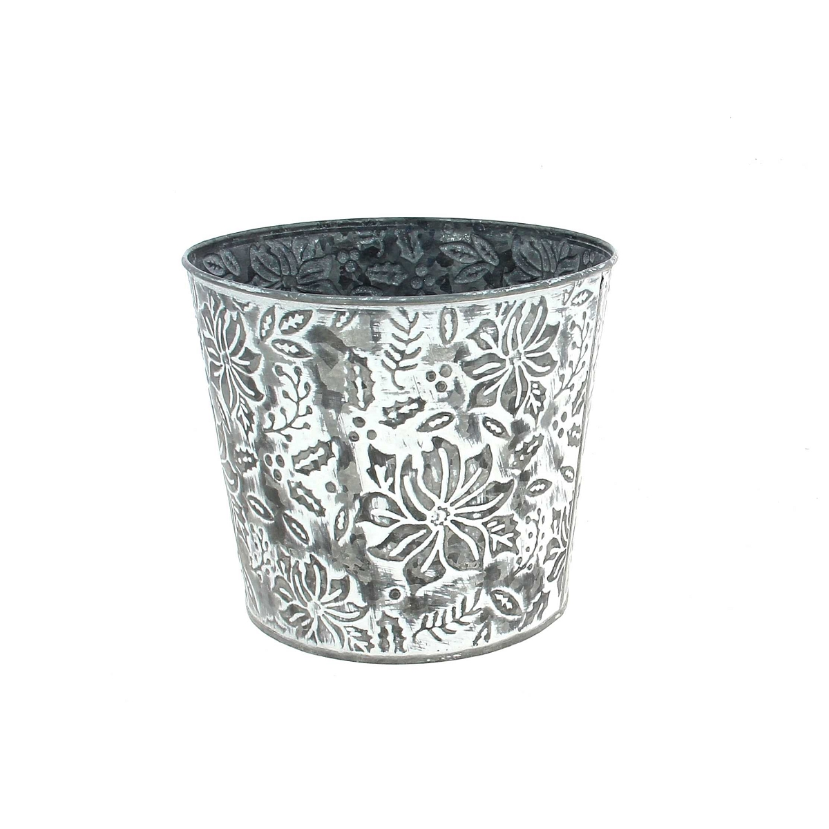 Cache-pot métal blanchi motif fleur ø17 ht 14.5cm