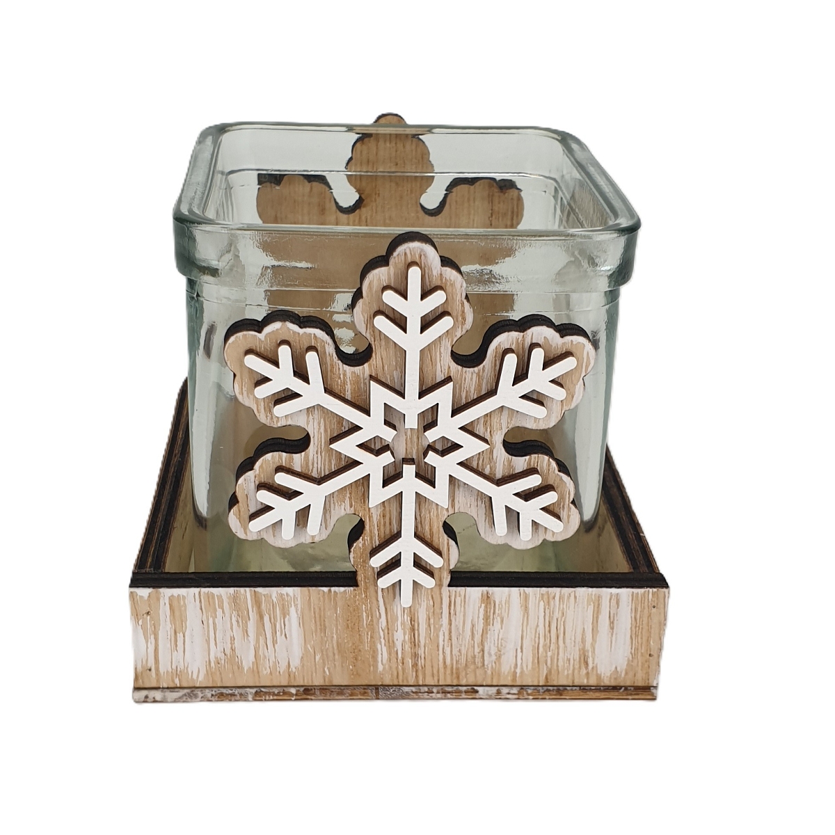 Pot verre sur bois motif flocon 9 x 9 x 9cm
